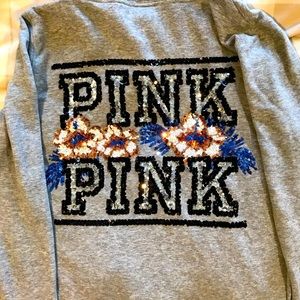 PINK Full zip hoodie with large floral sequin logo on back